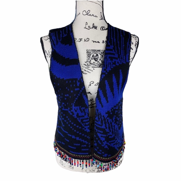 VTG Michele Laidier Blue Black Beaded Sweater Vest